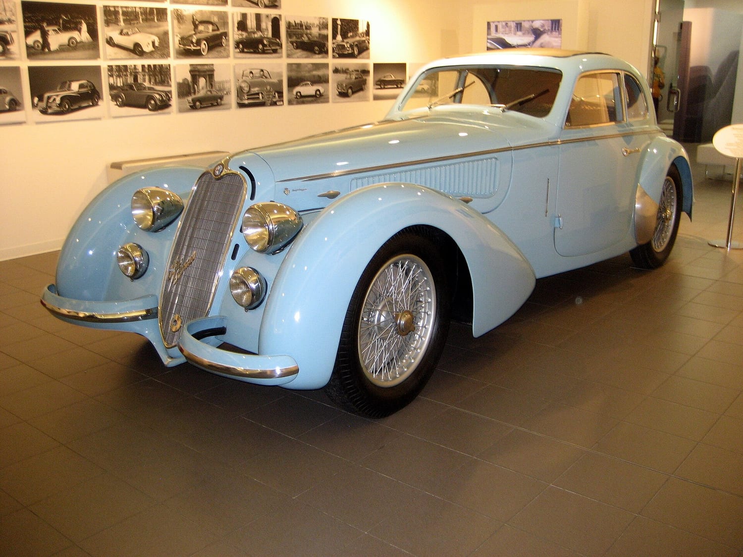 Pale blue 1938 Alfa Romeo 8C 2900 B Berlinetta in a museum