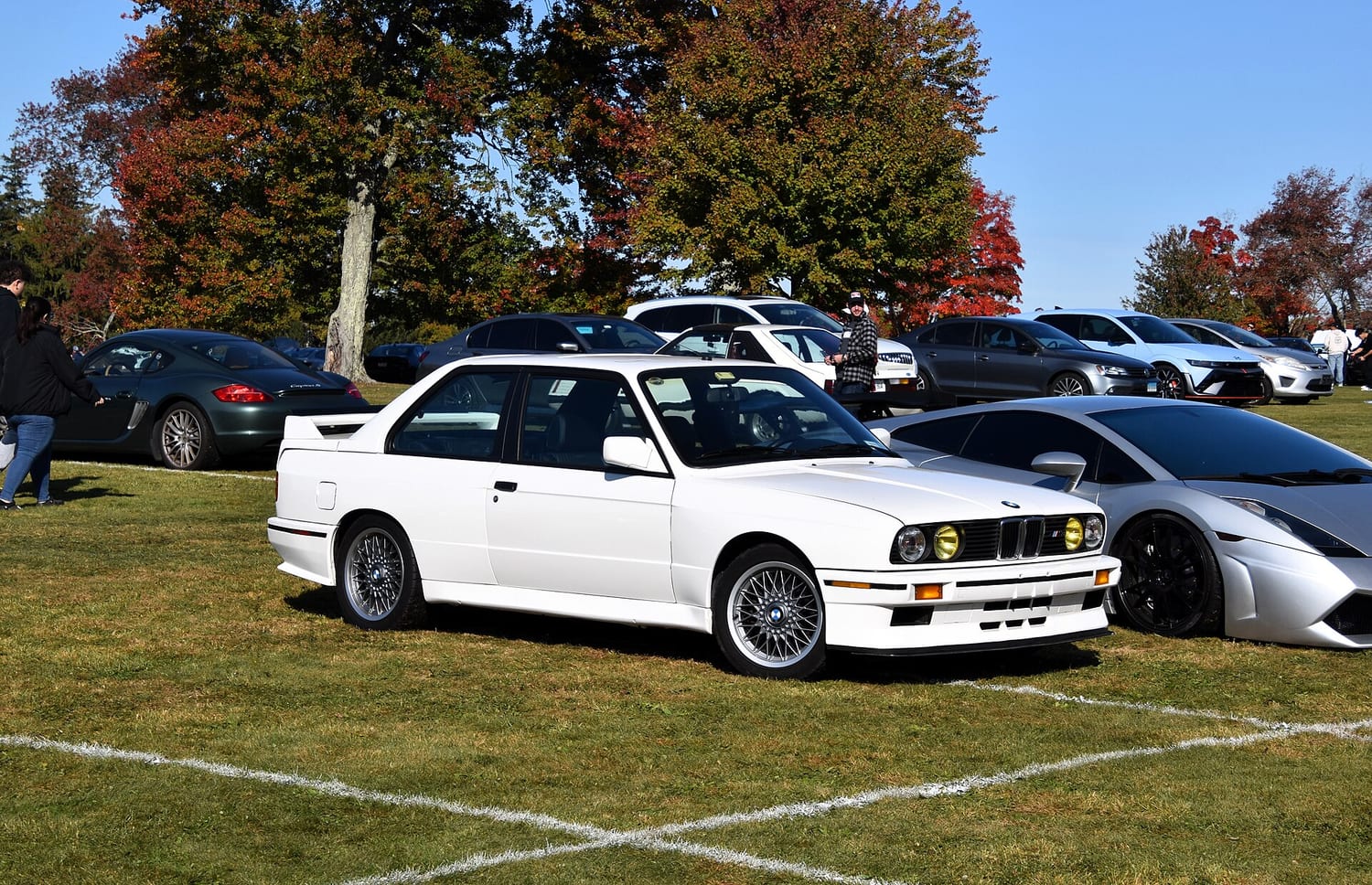 White BMW M3 coupe (E30) from 1988 parked on grass