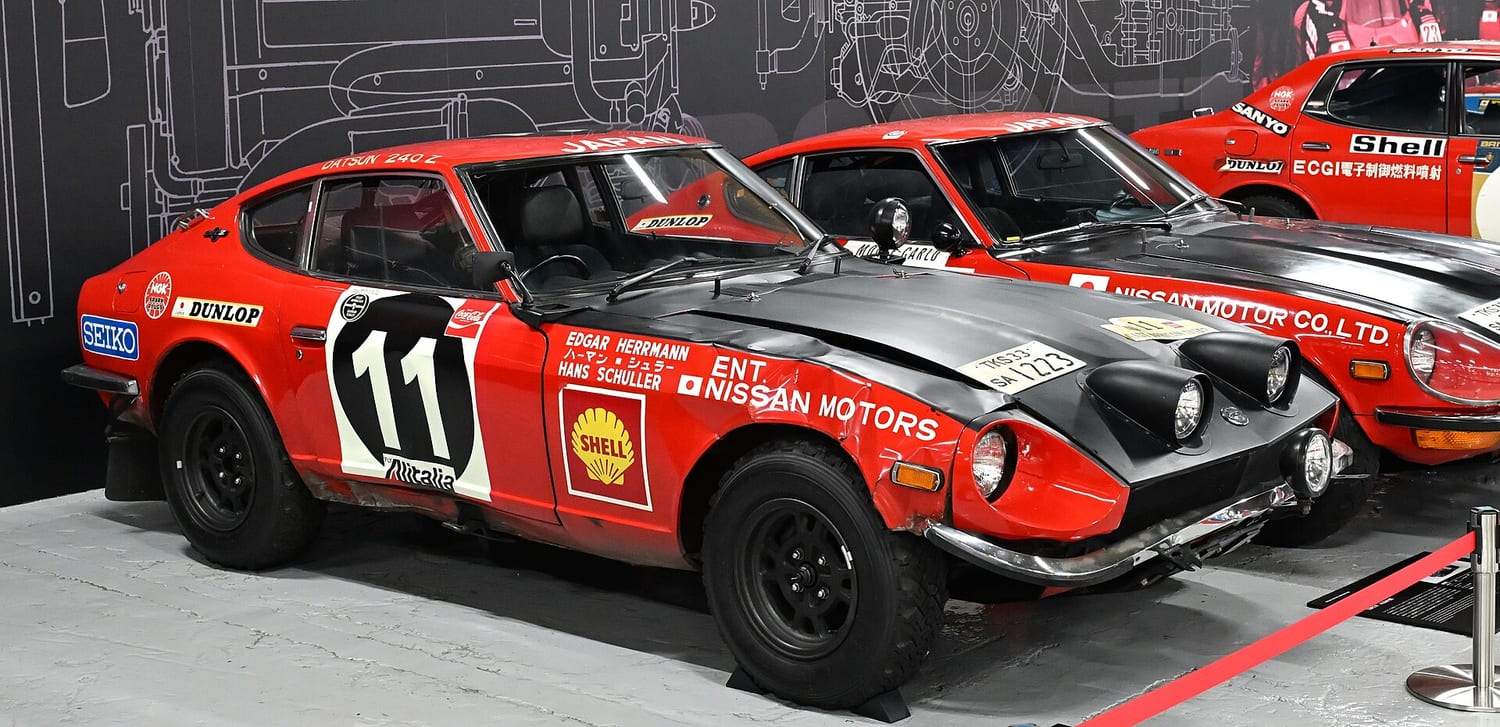 Datsun 240Z rally cars with race numbers on display