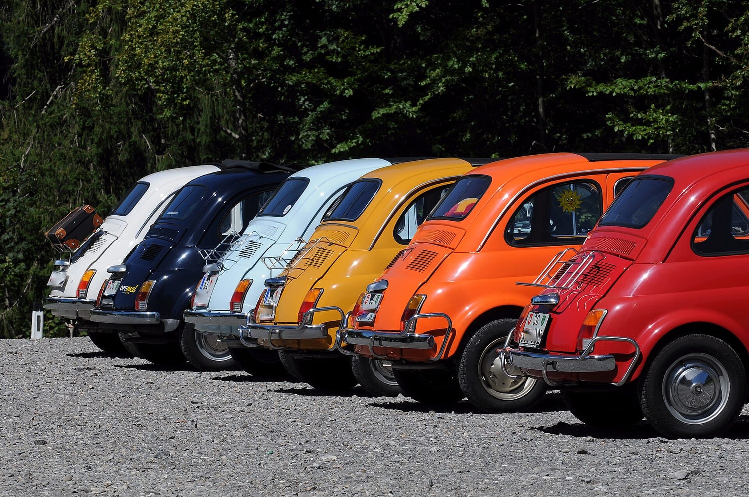 Row of colourful Fiat Nuova 500 cars